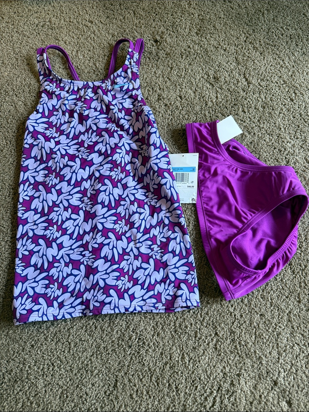 Nike Girls' Purple Floral Tankini Top & Solid Brief Set - Purple size M NWT